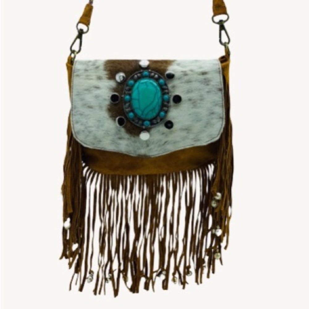 HippieChic brown suede shoulder bag with fringe and turquoise detail.